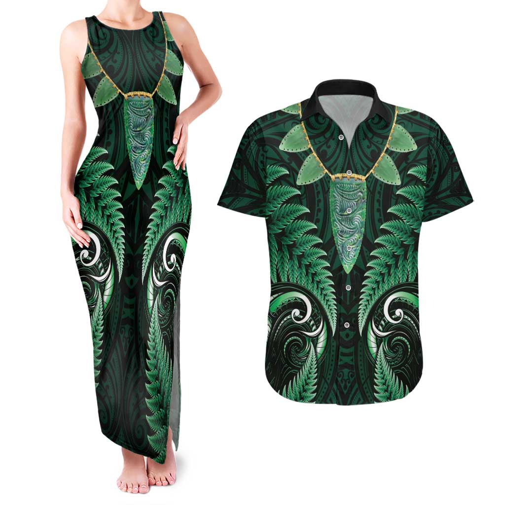 Aotearoa Pounamu Niho Couples Matching Tank Maxi Dress and Hawaiian Shirt Silver Fern Mix Maori Pattern - Green LT14 Green - Polynesian Pride