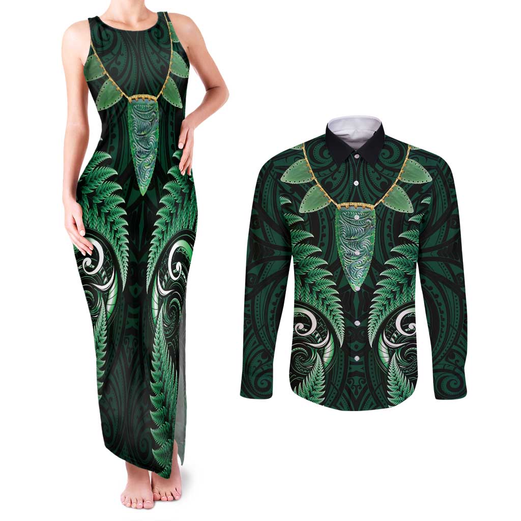 Aotearoa Pounamu Niho Couples Matching Tank Maxi Dress and Long Sleeve Button Shirt Silver Fern Mix Maori Pattern - Green LT14 Green - Polynesian Pride