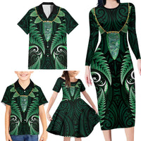 Aotearoa Pounamu Niho Family Matching Long Sleeve Bodycon Dress and Hawaiian Shirt Silver Fern Mix Maori Pattern - Green LT14 - Polynesian Pride