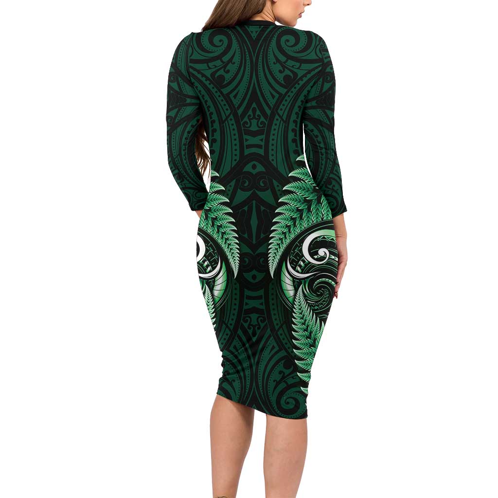 Aotearoa Pounamu Niho Family Matching Long Sleeve Bodycon Dress and Hawaiian Shirt Silver Fern Mix Maori Pattern - Green LT14 - Polynesian Pride