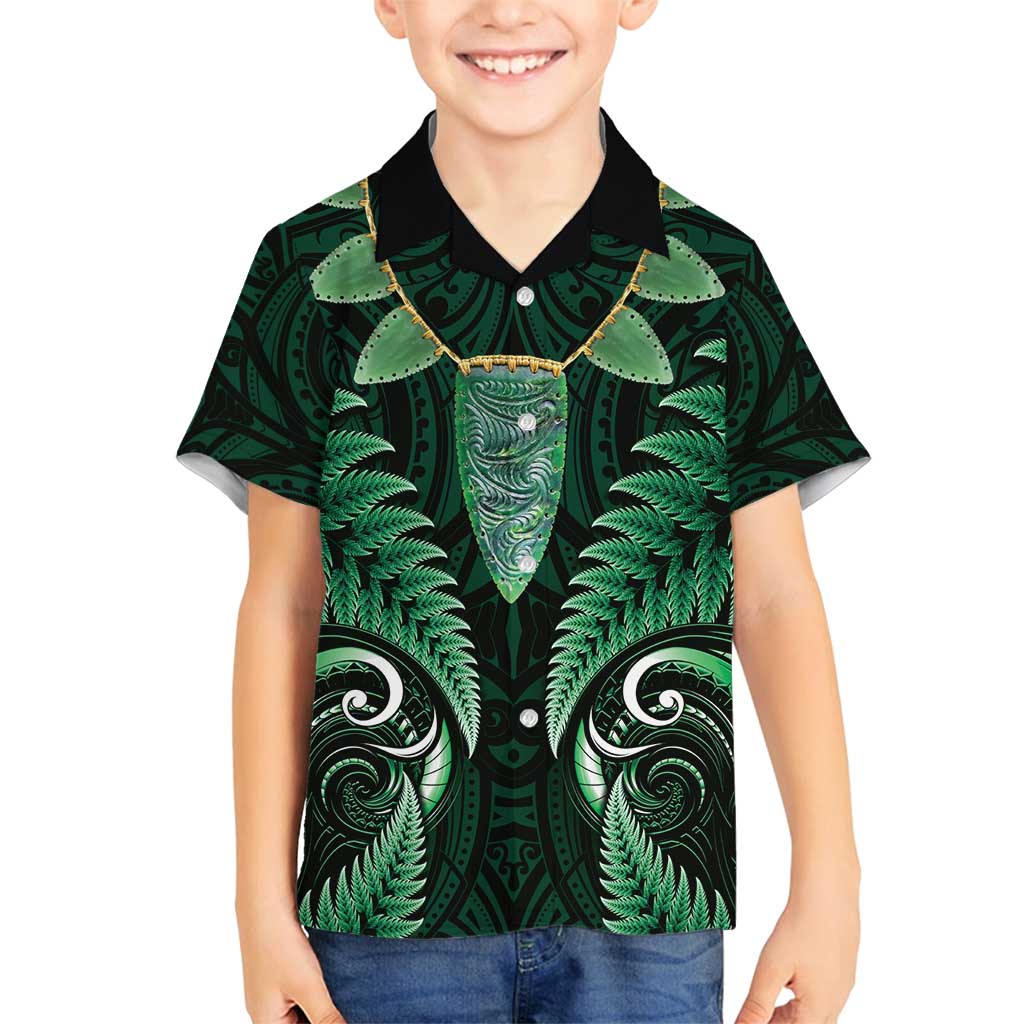 Aotearoa Pounamu Niho Family Matching Long Sleeve Bodycon Dress and Hawaiian Shirt Silver Fern Mix Maori Pattern - Green LT14 Son's Shirt Green - Polynesian Pride