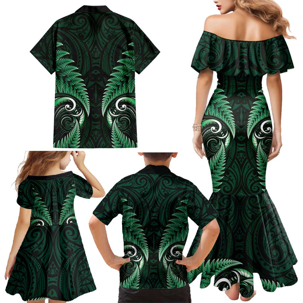 Aotearoa Pounamu Niho Family Matching Mermaid Dress and Hawaiian Shirt Silver Fern Mix Maori Pattern - Green LT14 - Polynesian Pride