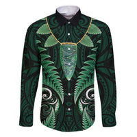 Aotearoa Pounamu Niho Family Matching Mermaid Dress and Hawaiian Shirt Silver Fern Mix Maori Pattern - Green LT14 Dad's Shirt - Long Sleeve Green - Polynesian Pride