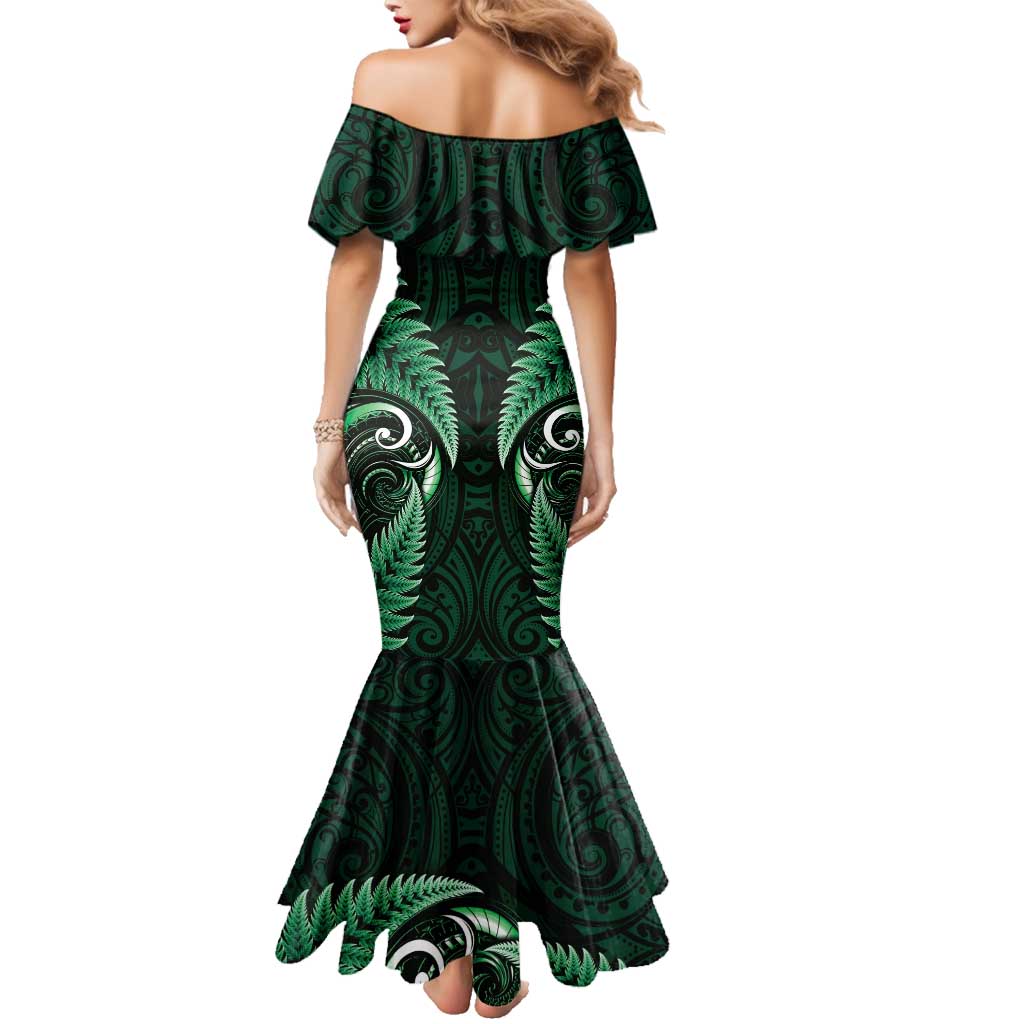 Aotearoa Pounamu Niho Family Matching Mermaid Dress and Hawaiian Shirt Silver Fern Mix Maori Pattern - Green LT14 - Polynesian Pride
