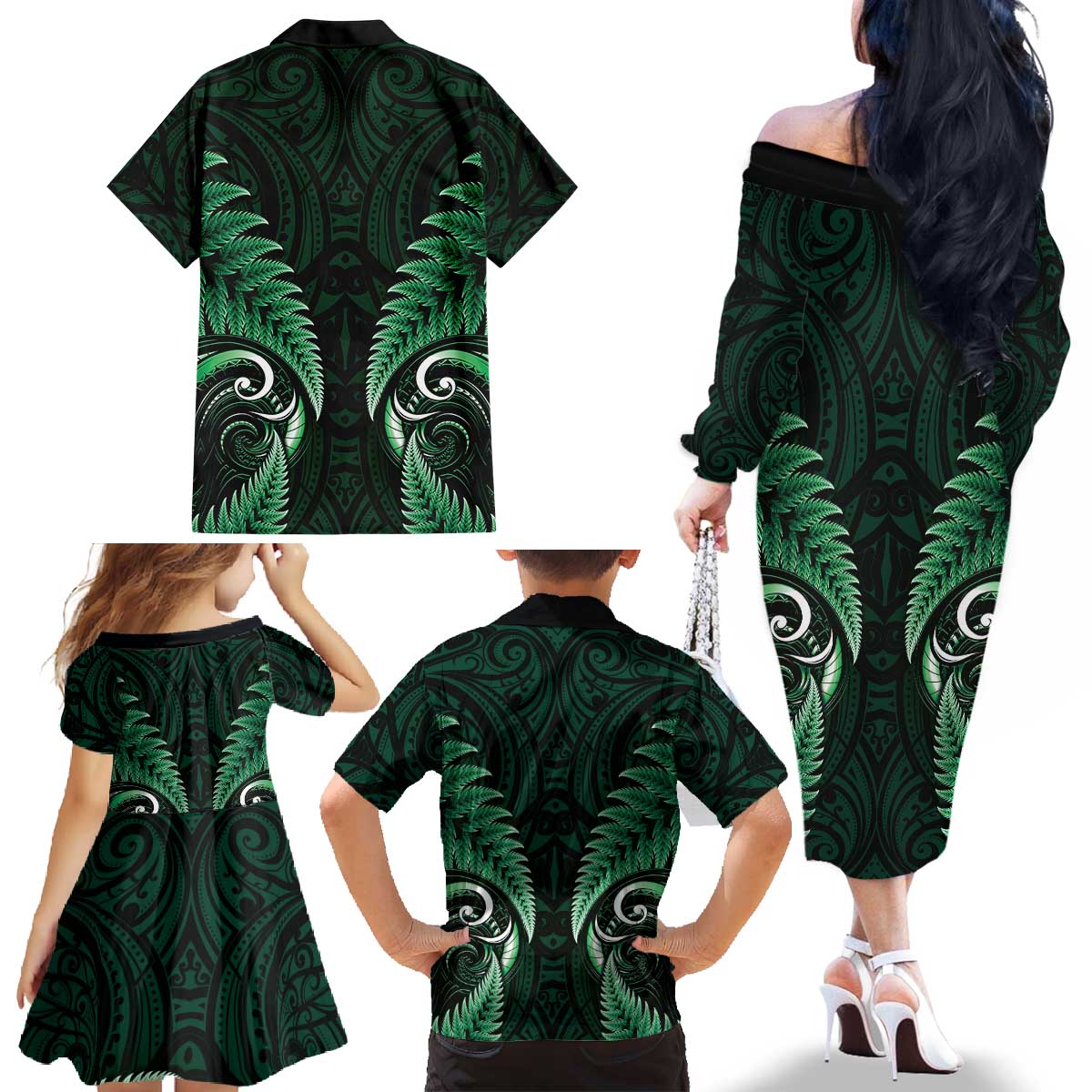 Aotearoa Pounamu Niho Family Matching Off The Shoulder Long Sleeve Dress and Hawaiian Shirt Silver Fern Mix Maori Pattern - Green LT14 - Polynesian Pride
