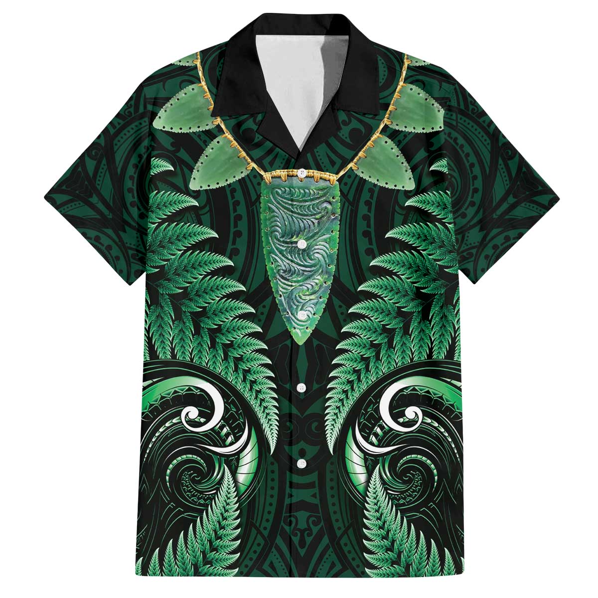 Aotearoa Pounamu Niho Family Matching Off The Shoulder Long Sleeve Dress and Hawaiian Shirt Silver Fern Mix Maori Pattern - Green LT14 Dad's Shirt - Short Sleeve Green - Polynesian Pride