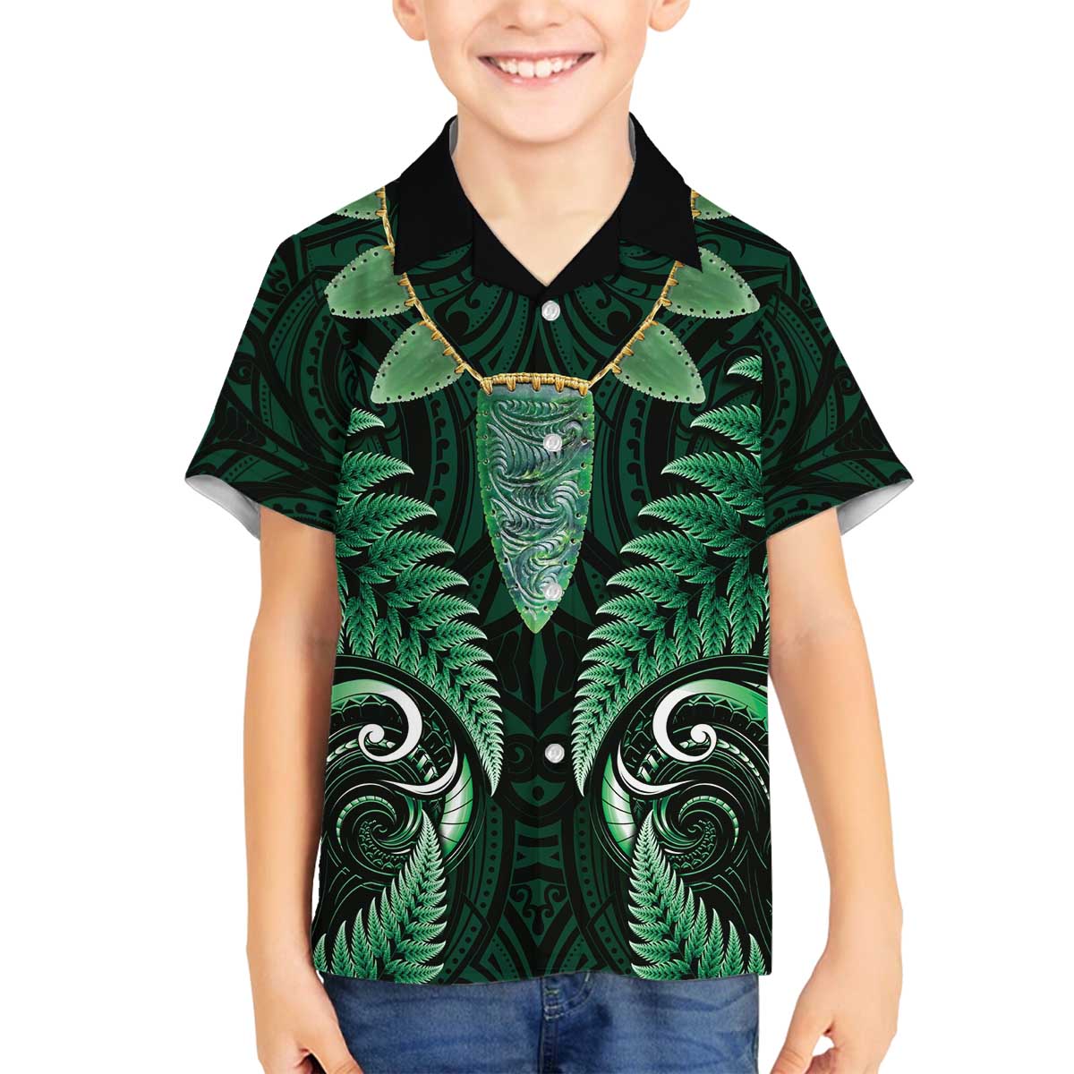 Aotearoa Pounamu Niho Family Matching Off The Shoulder Long Sleeve Dress and Hawaiian Shirt Silver Fern Mix Maori Pattern - Green LT14 Son's Shirt Green - Polynesian Pride