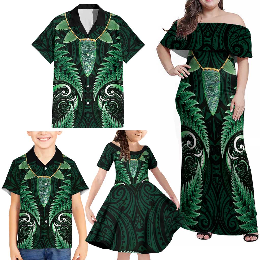 Aotearoa Pounamu Niho Family Matching Off Shoulder Maxi Dress and Hawaiian Shirt Silver Fern Mix Maori Pattern - Green LT14 - Polynesian Pride