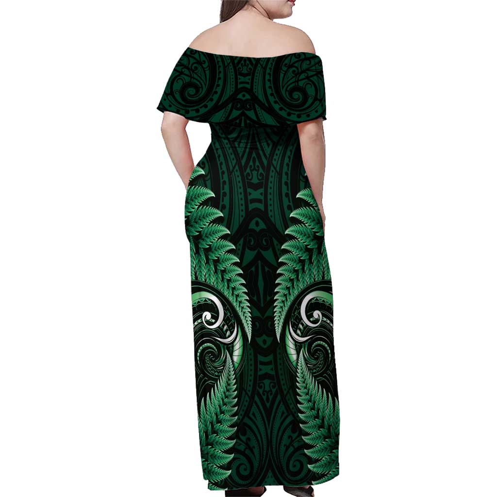 Aotearoa Pounamu Niho Family Matching Off Shoulder Maxi Dress and Hawaiian Shirt Silver Fern Mix Maori Pattern - Green LT14 - Polynesian Pride