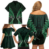 Aotearoa Pounamu Niho Family Matching Off Shoulder Short Dress and Hawaiian Shirt Silver Fern Mix Maori Pattern - Green LT14 - Polynesian Pride