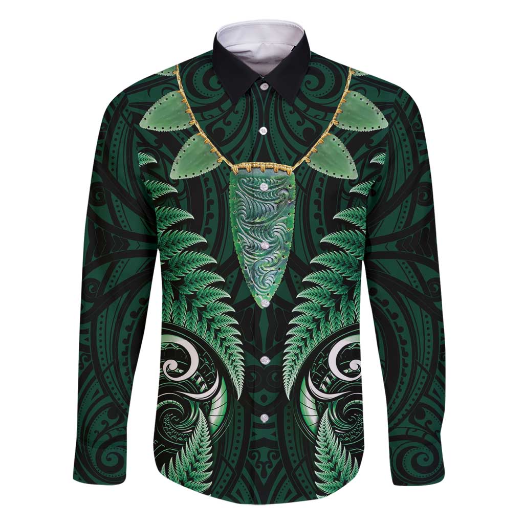 Aotearoa Pounamu Niho Family Matching Off Shoulder Short Dress and Hawaiian Shirt Silver Fern Mix Maori Pattern - Green LT14 Dad's Shirt - Long Sleeve Green - Polynesian Pride
