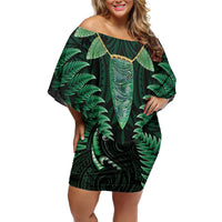 Aotearoa Pounamu Niho Family Matching Off Shoulder Short Dress and Hawaiian Shirt Silver Fern Mix Maori Pattern - Green LT14 Mom's Dress Green - Polynesian Pride