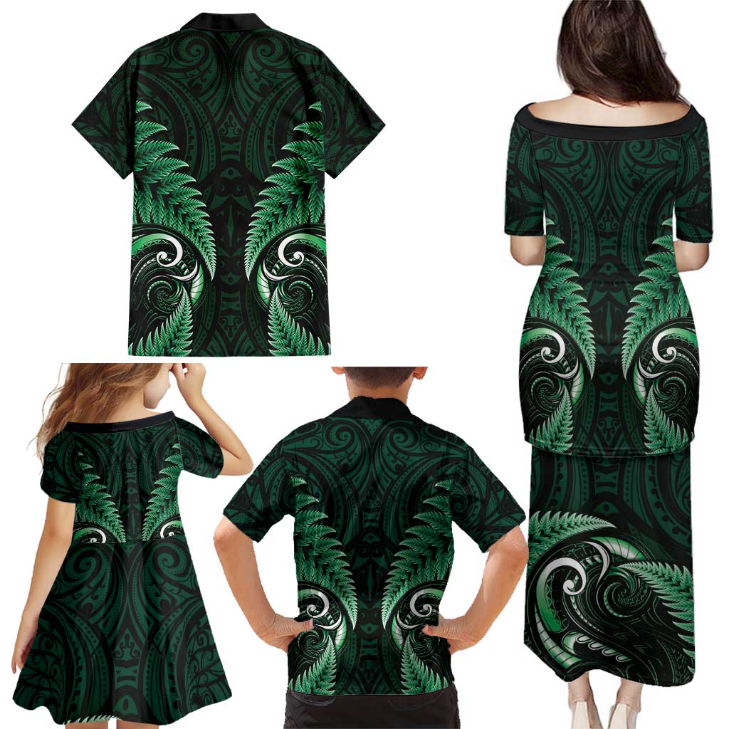 Aotearoa Pounamu Niho Family Matching Puletasi and Hawaiian Shirt Silver Fern Mix Maori Pattern - Green LT14 - Polynesian Pride
