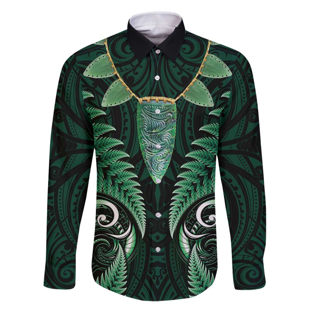 Aotearoa Pounamu Niho Family Matching Puletasi and Hawaiian Shirt Silver Fern Mix Maori Pattern - Green LT14 Dad's Shirt - Long Sleeve Green - Polynesian Pride