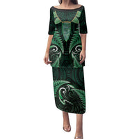 Aotearoa Pounamu Niho Family Matching Puletasi and Hawaiian Shirt Silver Fern Mix Maori Pattern - Green LT14 Mom's Dress Green - Polynesian Pride
