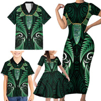 Aotearoa Pounamu Niho Family Matching Short Sleeve Bodycon Dress and Hawaiian Shirt Silver Fern Mix Maori Pattern - Green LT14 - Polynesian Pride