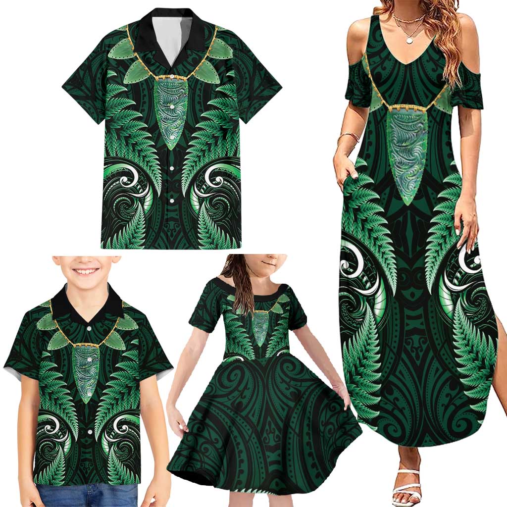 Aotearoa Pounamu Niho Family Matching Summer Maxi Dress and Hawaiian Shirt Silver Fern Mix Maori Pattern - Green LT14 - Polynesian Pride