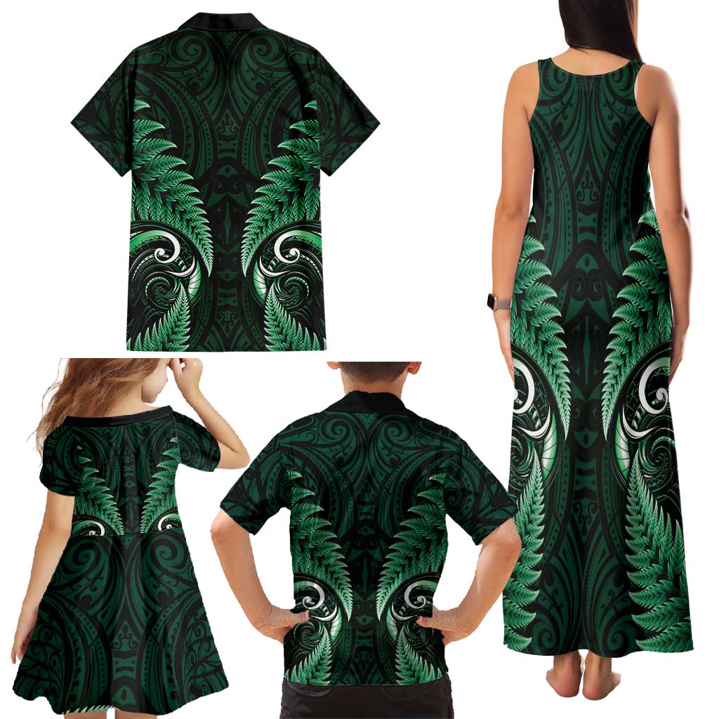 Aotearoa Pounamu Niho Family Matching Tank Maxi Dress and Hawaiian Shirt Silver Fern Mix Maori Pattern - Green LT14 - Polynesian Pride