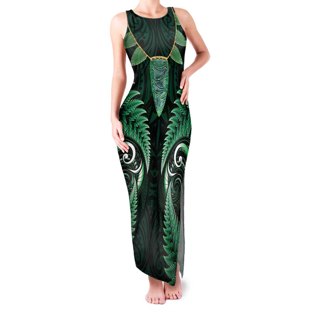 Aotearoa Pounamu Niho Family Matching Tank Maxi Dress and Hawaiian Shirt Silver Fern Mix Maori Pattern - Green LT14 Mom's Dress Green - Polynesian Pride