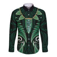 Aotearoa Pounamu Niho Long Sleeve Button Shirt Silver Fern Mix Maori Pattern - Green LT14 Unisex Green - Polynesian Pride