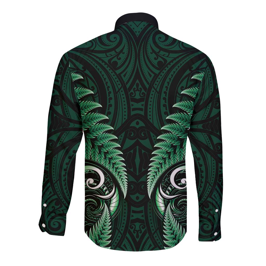 Aotearoa Pounamu Niho Long Sleeve Button Shirt Silver Fern Mix Maori Pattern - Green LT14 - Polynesian Pride