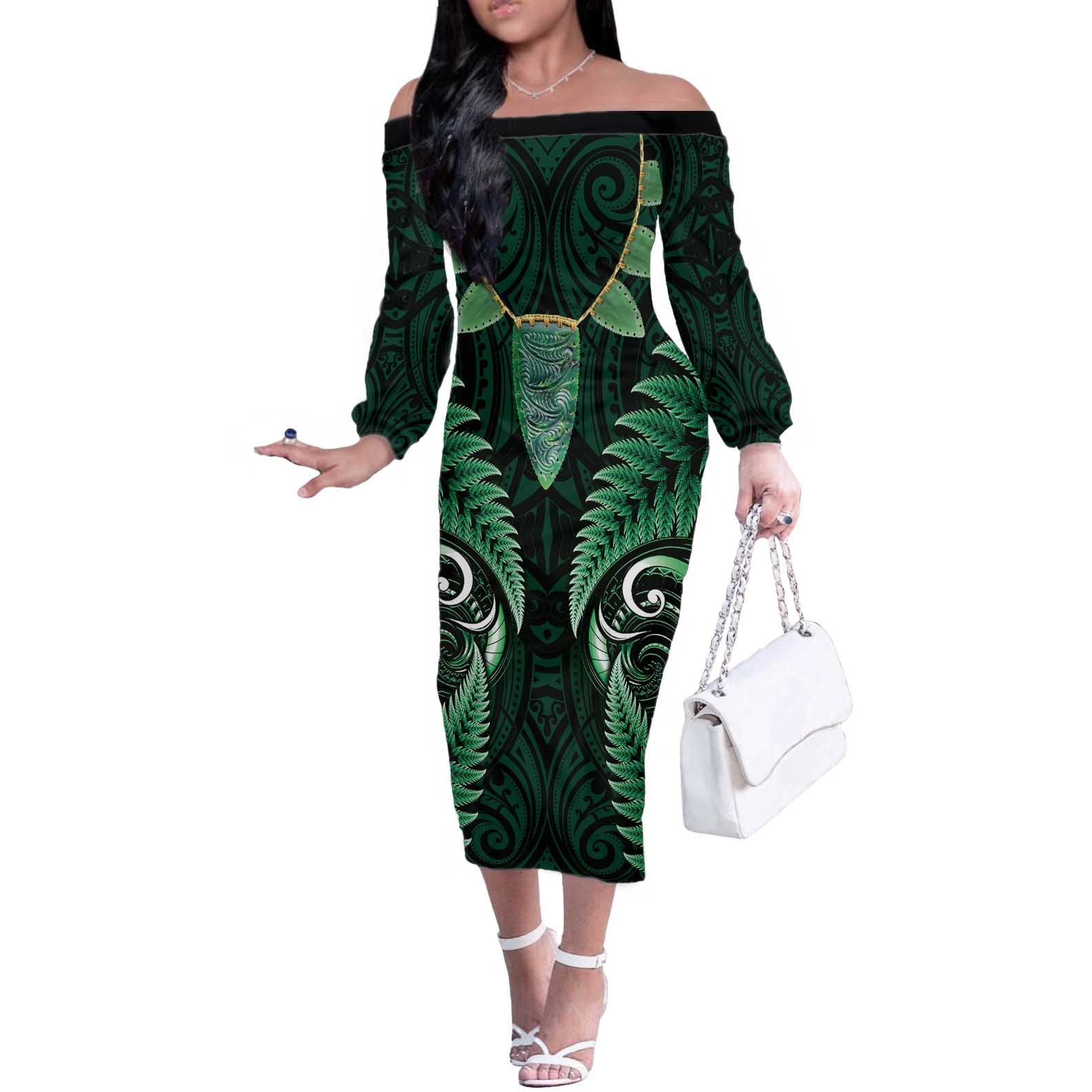 Aotearoa Pounamu Niho Off The Shoulder Long Sleeve Dress Silver Fern Mix Maori Pattern - Green LT14 Women Green - Polynesian Pride