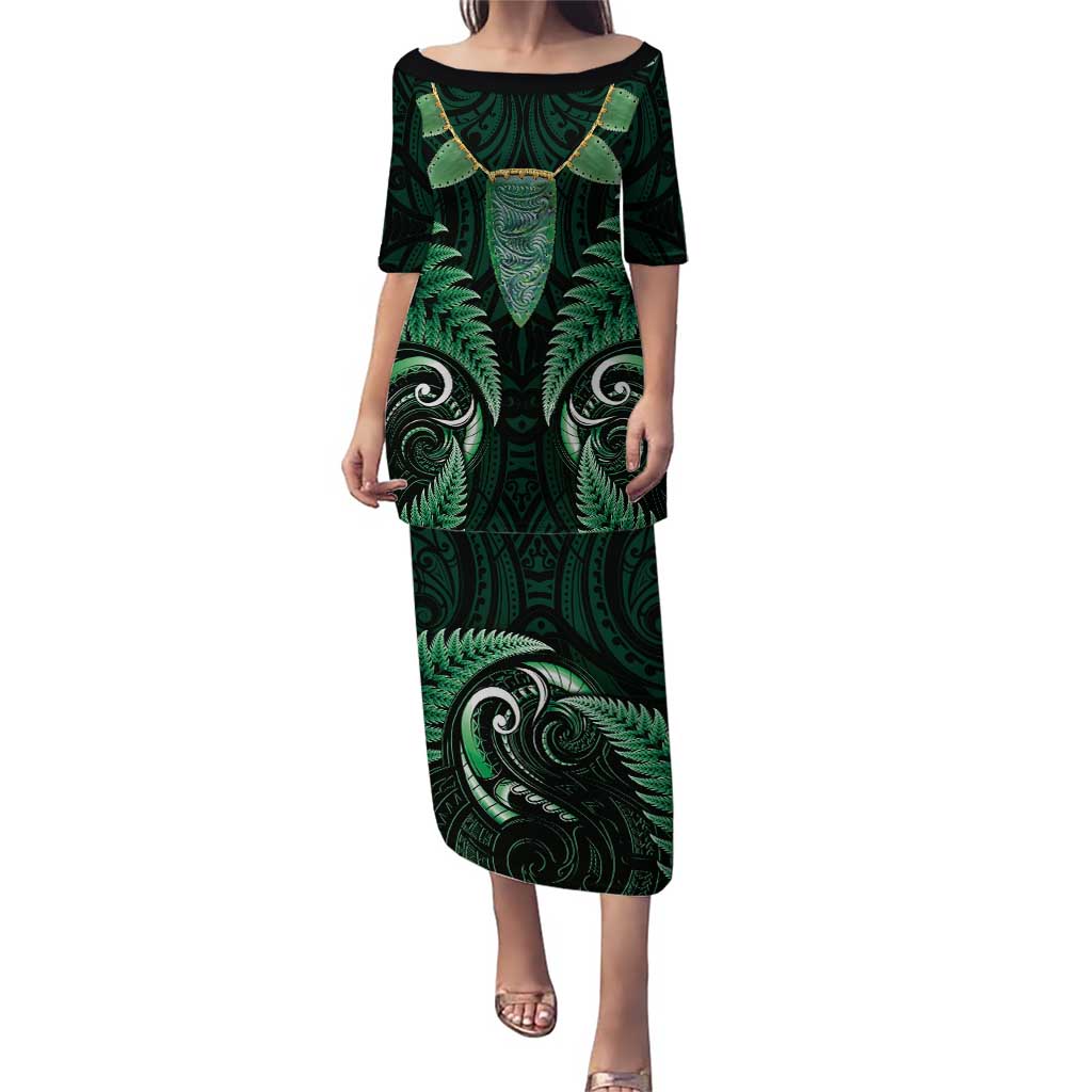 Aotearoa Pounamu Niho Puletasi Silver Fern Mix Maori Pattern - Green LT14 Long Dress Green - Polynesian Pride