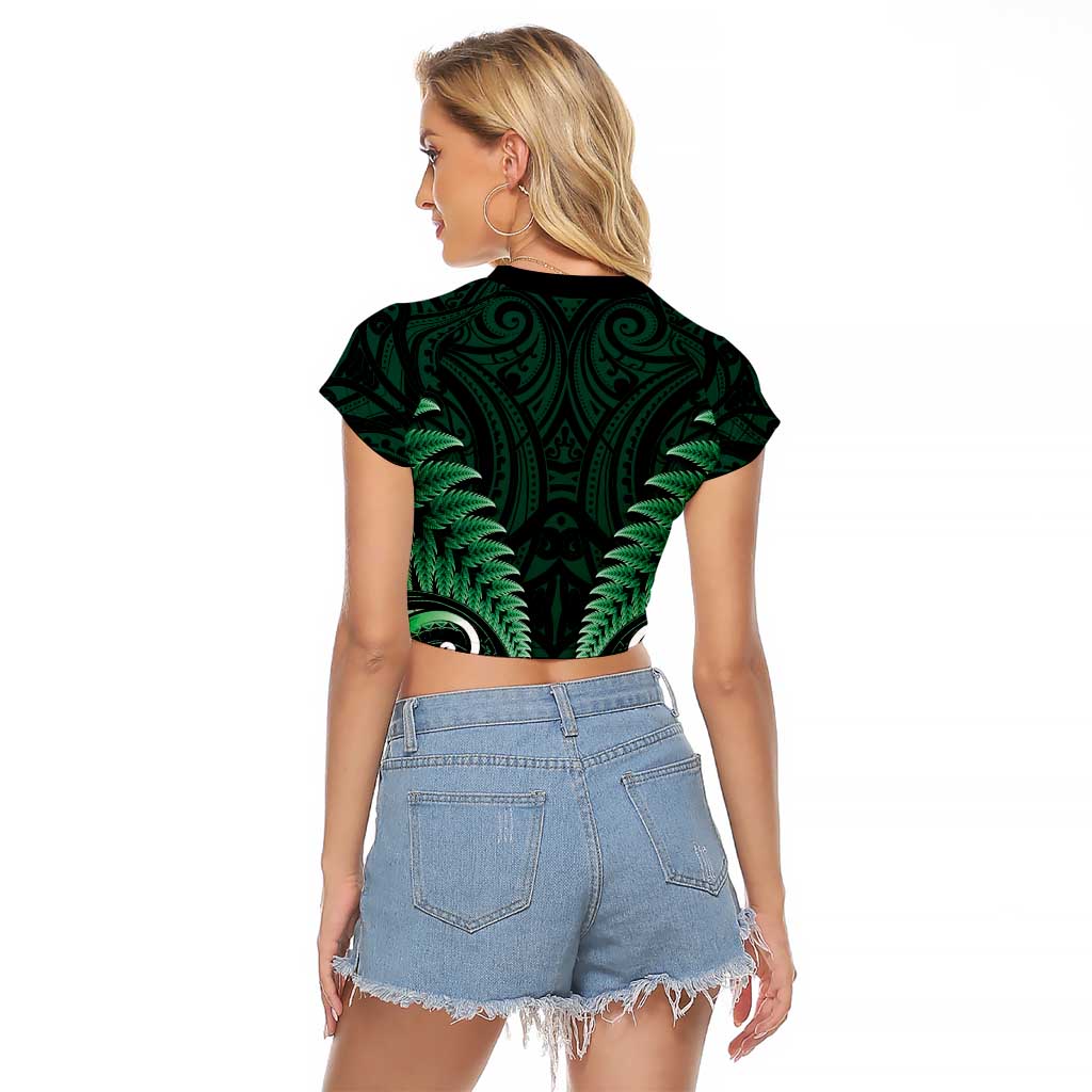 Aotearoa Pounamu Niho Raglan Cropped T Shirt Silver Fern Mix Maori Pattern - Green LT14 - Polynesian Pride