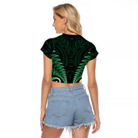 Aotearoa Pounamu Niho Raglan Cropped T Shirt Silver Fern Mix Maori Pattern - Green LT14 - Polynesian Pride