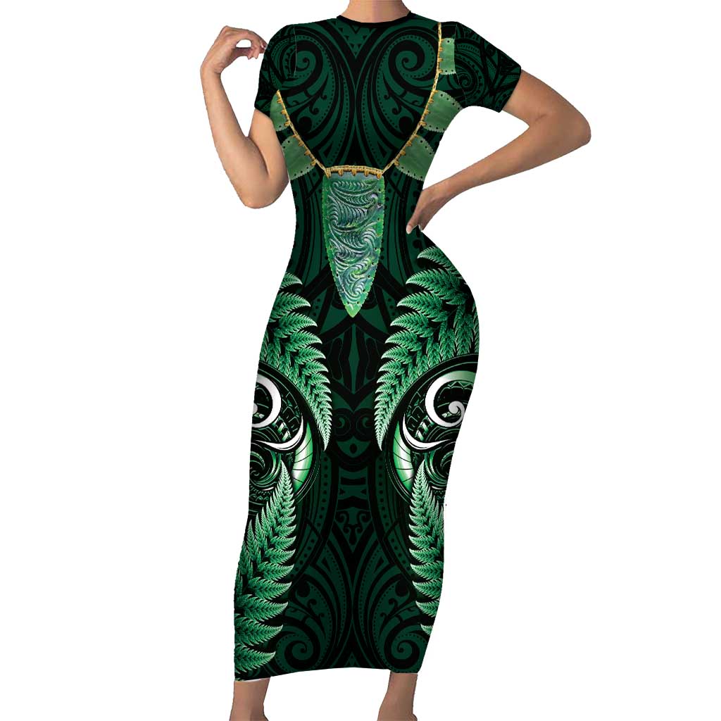 Aotearoa Pounamu Niho Short Sleeve Bodycon Dress Silver Fern Mix Maori Pattern - Green LT14 Long Dress Green - Polynesian Pride