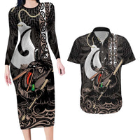 Aotearoa Hei Matau Couples Matching Long Sleeve Bodycon Dress and Hawaiian Shirt Haka Kiwi Mix Maori Mangopare LT14 Black - Polynesian Pride