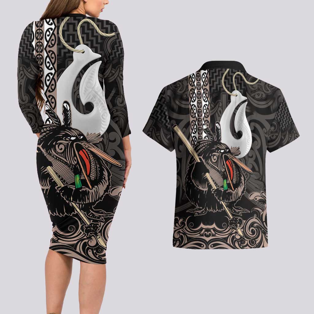 Aotearoa Hei Matau Couples Matching Long Sleeve Bodycon Dress and Hawaiian Shirt Haka Kiwi Mix Maori Mangopare LT14 - Polynesian Pride