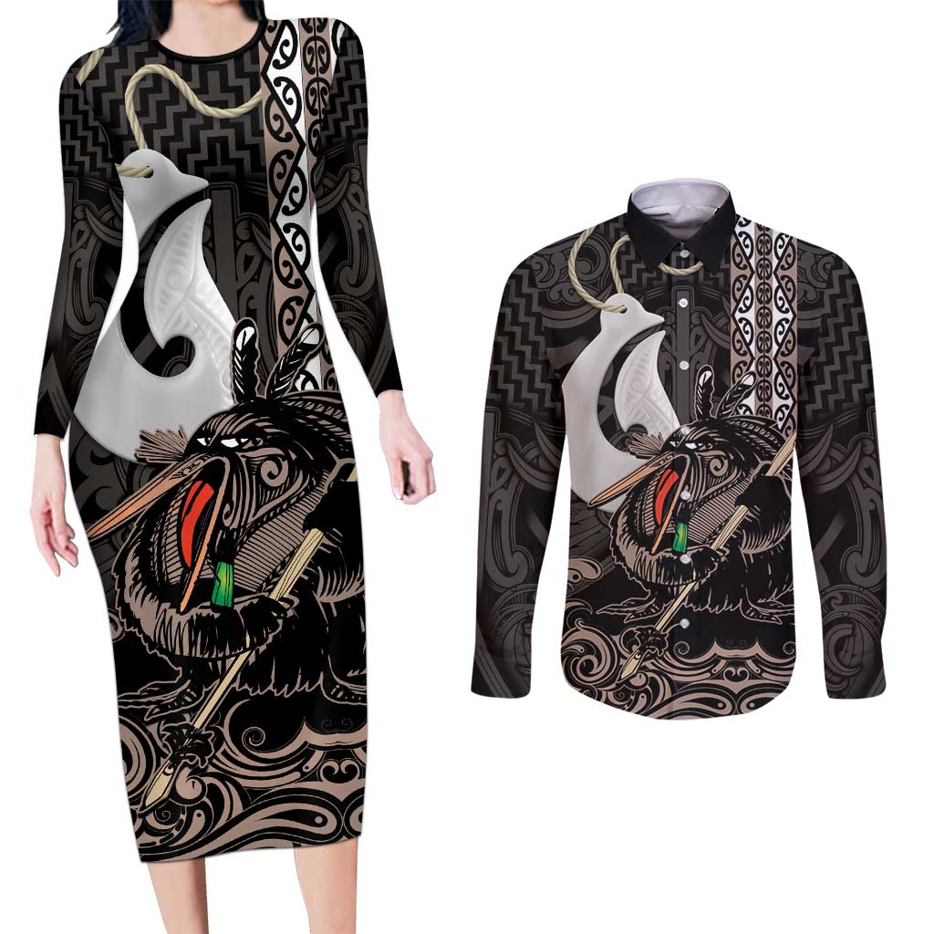 Aotearoa Hei Matau Couples Matching Long Sleeve Bodycon Dress and Long Sleeve Button Shirt Haka Kiwi Mix Maori Mangopare LT14 Black - Polynesian Pride