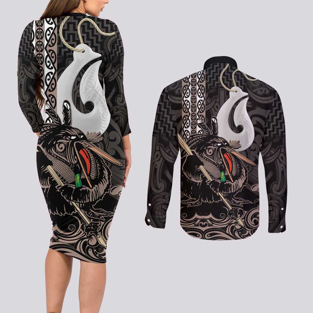 Aotearoa Hei Matau Couples Matching Long Sleeve Bodycon Dress and Long Sleeve Button Shirt Haka Kiwi Mix Maori Mangopare LT14 - Polynesian Pride
