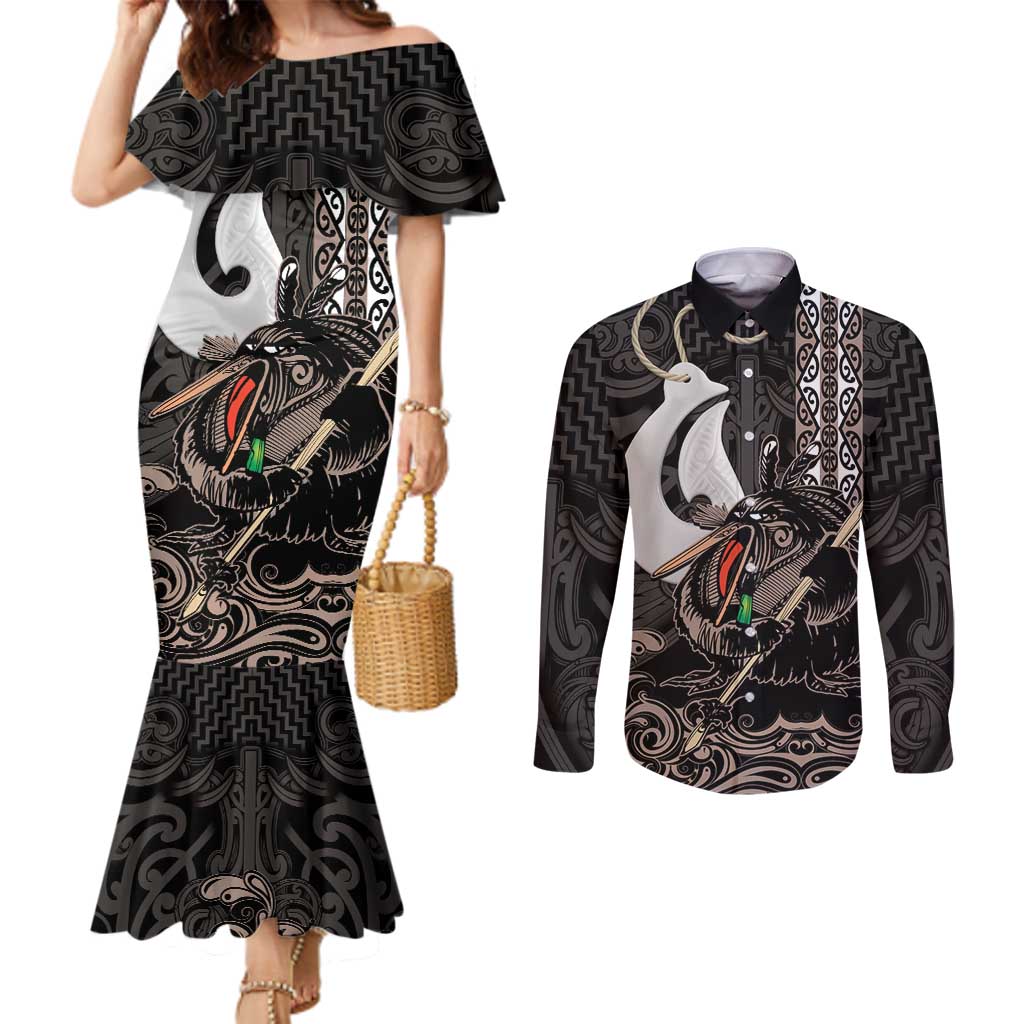 Aotearoa Hei Matau Couples Matching Mermaid Dress and Long Sleeve Button Shirt Haka Kiwi Mix Maori Mangopare LT14 Black - Polynesian Pride
