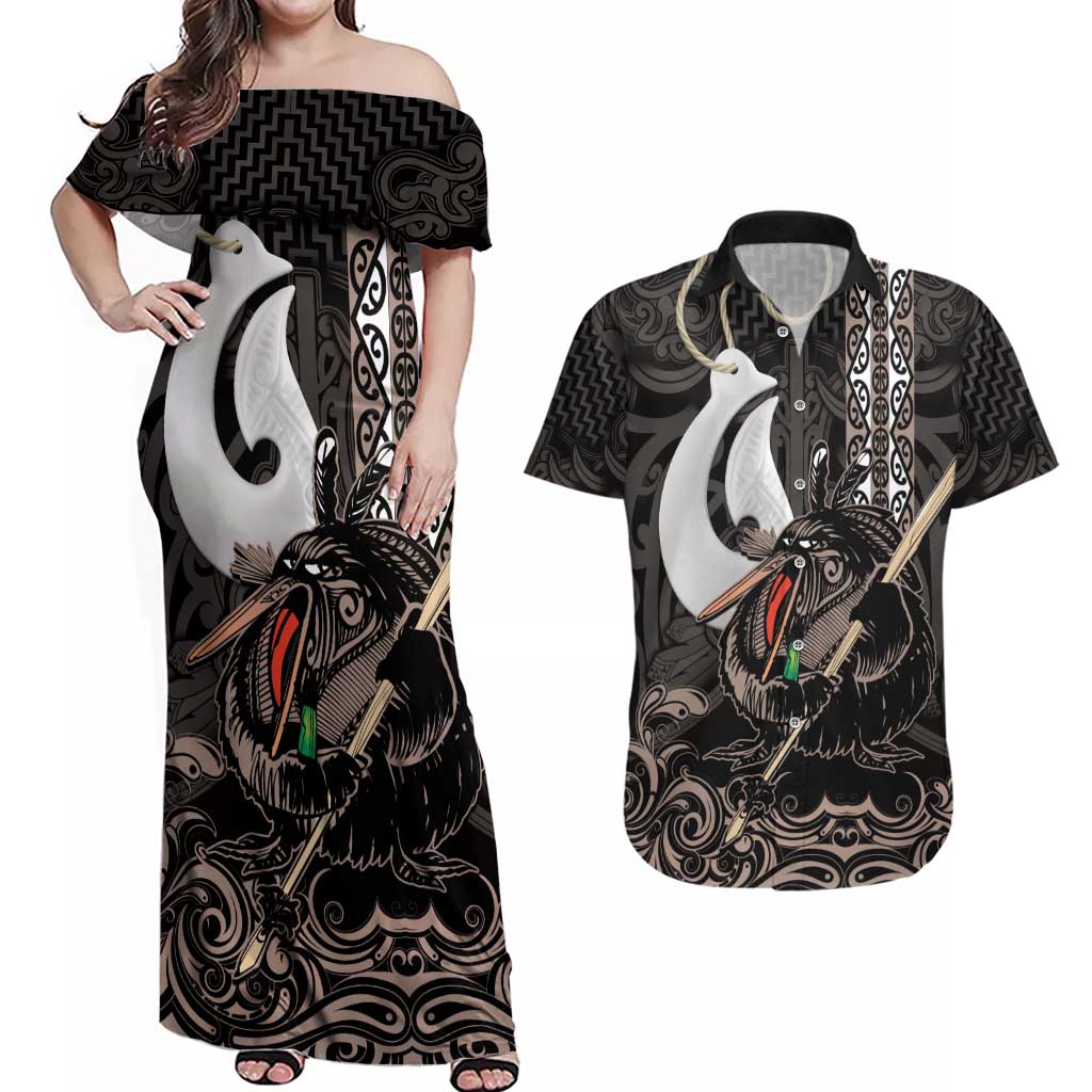 Aotearoa Hei Matau Couples Matching Off Shoulder Maxi Dress and Hawaiian Shirt Haka Kiwi Mix Maori Mangopare LT14 Black - Polynesian Pride