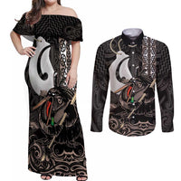 Aotearoa Hei Matau Couples Matching Off Shoulder Maxi Dress and Long Sleeve Button Shirt Haka Kiwi Mix Maori Mangopare LT14 Black - Polynesian Pride