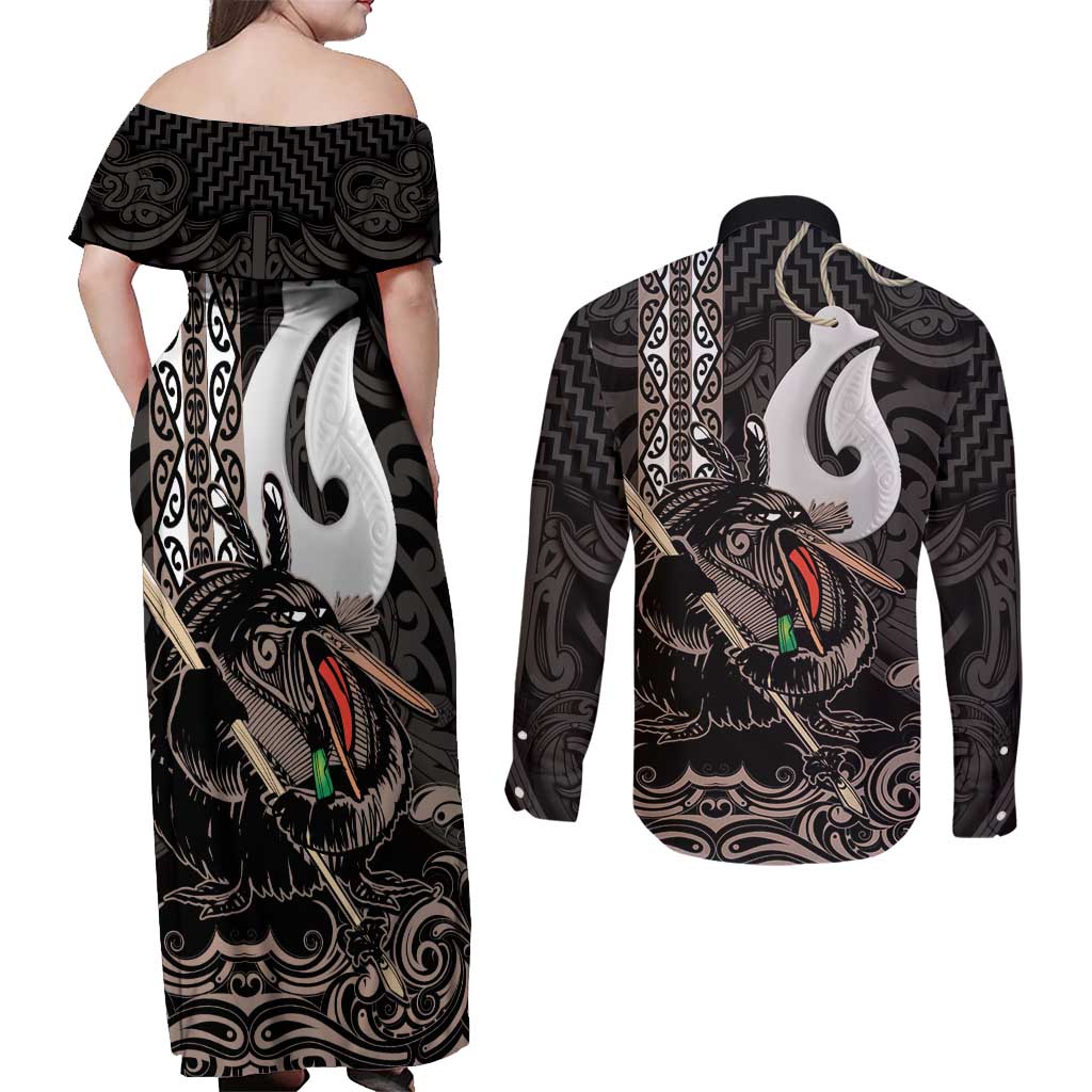 Aotearoa Hei Matau Couples Matching Off Shoulder Maxi Dress and Long Sleeve Button Shirt Haka Kiwi Mix Maori Mangopare LT14 - Polynesian Pride