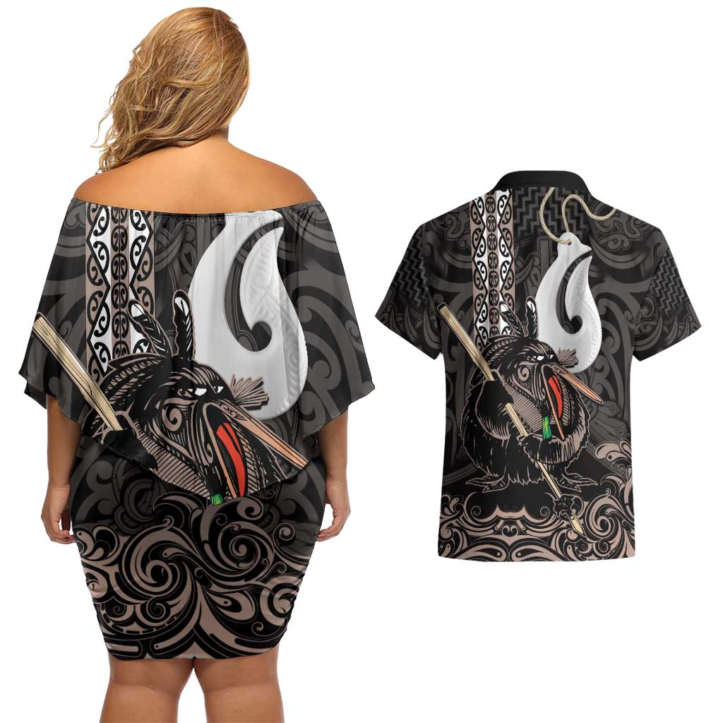 Aotearoa Hei Matau Couples Matching Off Shoulder Short Dress and Hawaiian Shirt Haka Kiwi Mix Maori Mangopare LT14 - Polynesian Pride