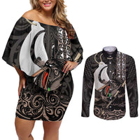 Aotearoa Hei Matau Couples Matching Off Shoulder Short Dress and Long Sleeve Button Shirt Haka Kiwi Mix Maori Mangopare LT14 Black - Polynesian Pride