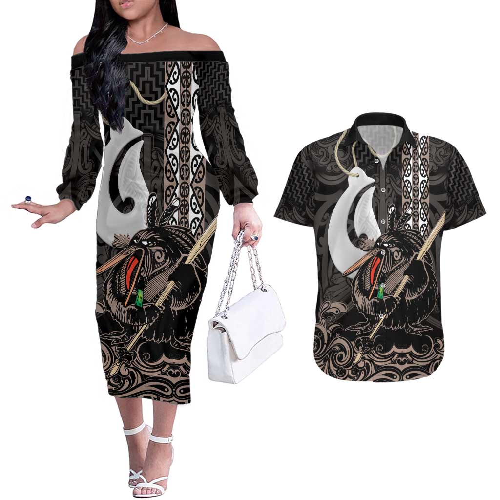 Aotearoa Hei Matau Couples Matching Off The Shoulder Long Sleeve Dress and Hawaiian Shirt Haka Kiwi Mix Maori Mangopare LT14 Black - Polynesian Pride
