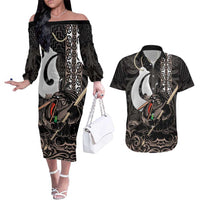 Aotearoa Hei Matau Couples Matching Off The Shoulder Long Sleeve Dress and Hawaiian Shirt Haka Kiwi Mix Maori Mangopare LT14 Black - Polynesian Pride