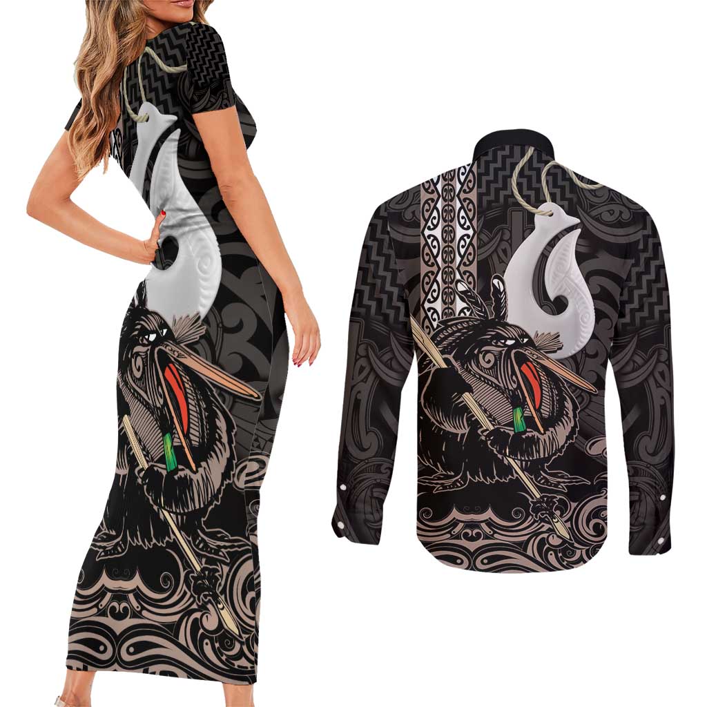 Aotearoa Hei Matau Couples Matching Short Sleeve Bodycon Dress and Long Sleeve Button Shirt Haka Kiwi Mix Maori Mangopare LT14 - Polynesian Pride