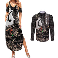 Aotearoa Hei Matau Couples Matching Summer Maxi Dress and Long Sleeve Button Shirt Haka Kiwi Mix Maori Mangopare LT14 Black - Polynesian Pride