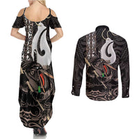 Aotearoa Hei Matau Couples Matching Summer Maxi Dress and Long Sleeve Button Shirt Haka Kiwi Mix Maori Mangopare LT14 - Polynesian Pride