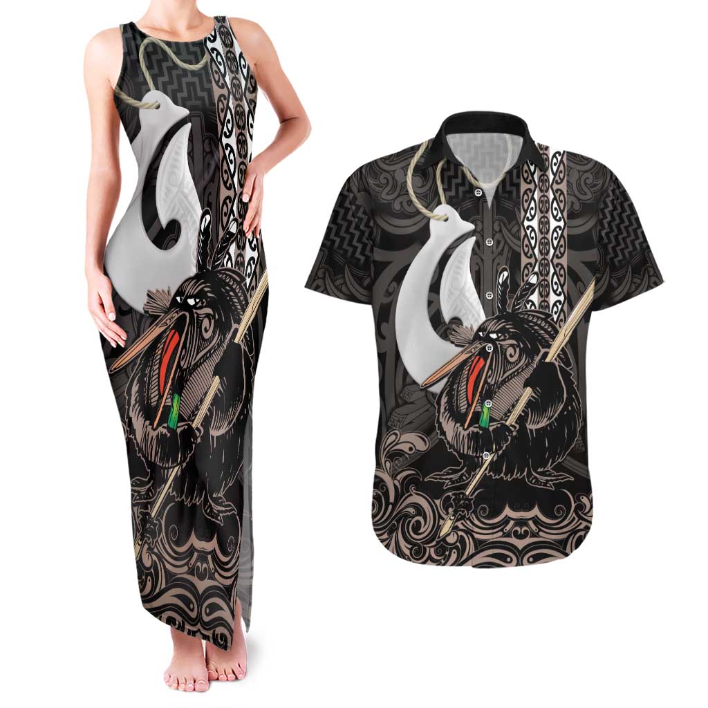Aotearoa Hei Matau Couples Matching Tank Maxi Dress and Hawaiian Shirt Haka Kiwi Mix Maori Mangopare LT14 Black - Polynesian Pride