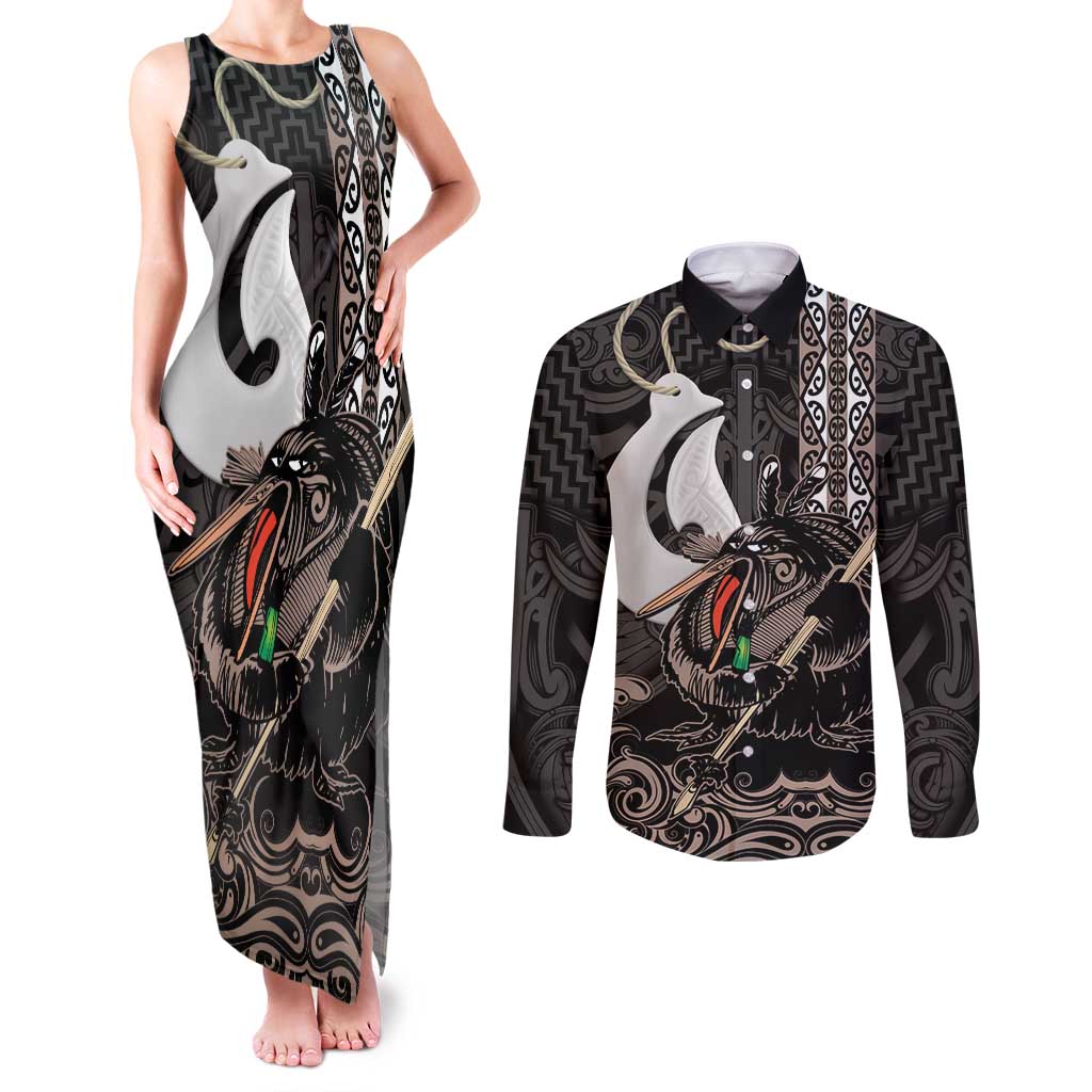 Aotearoa Hei Matau Couples Matching Tank Maxi Dress and Long Sleeve Button Shirt Haka Kiwi Mix Maori Mangopare LT14 Black - Polynesian Pride
