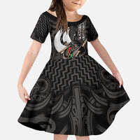 Aotearoa Hei Matau Family Matching Long Sleeve Bodycon Dress and Hawaiian Shirt Haka Kiwi Mix Maori Mangopare LT14 Daughter's Dress Black - Polynesian Pride