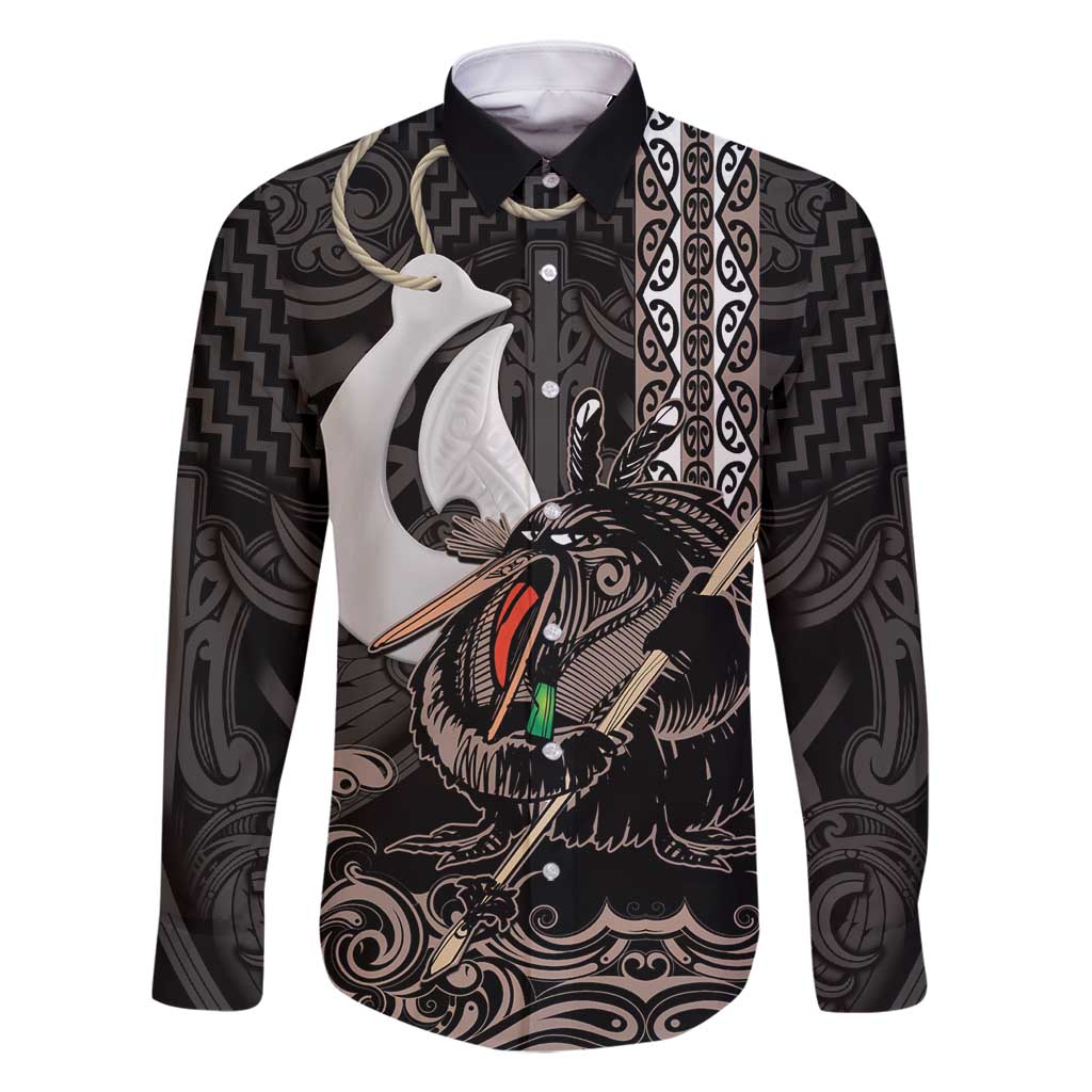 Aotearoa Hei Matau Family Matching Long Sleeve Bodycon Dress and Hawaiian Shirt Haka Kiwi Mix Maori Mangopare LT14 Dad's Shirt - Long Sleeve Black - Polynesian Pride