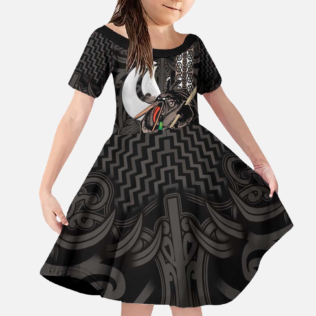 Aotearoa Hei Matau Family Matching Off The Shoulder Long Sleeve Dress and Hawaiian Shirt Haka Kiwi Mix Maori Mangopare LT14 Daughter's Dress Black - Polynesian Pride